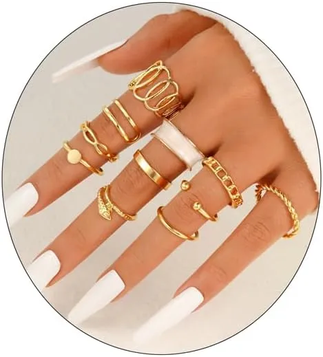 GIGB PBDK 11 Pcs Gold Stackable Knuckle Rings Set for Women, Vintage Geometric Heart Wave Crystal Joint Finger Bank Rings, Dainty Fashion Ring Gifts