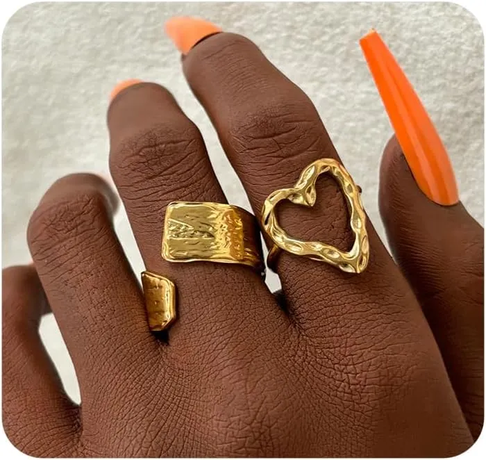 GIGB PBDK 2Pcs Chunky Gold Hollow Heart Rings, Geometric Statement Lava Ring Set, Simple Daily Stackable Jewelry Gift For Women