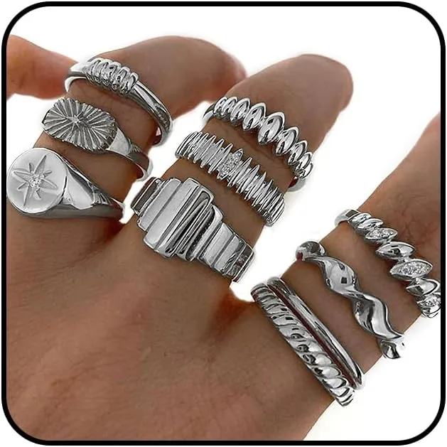 GIGB PBDK Chunky Silver Knuckle Ring Set for Women Boho Stackable Joint Finger Rings Fashion Curved Geometry Bowknot Ring Pack Jewelry Gifts
