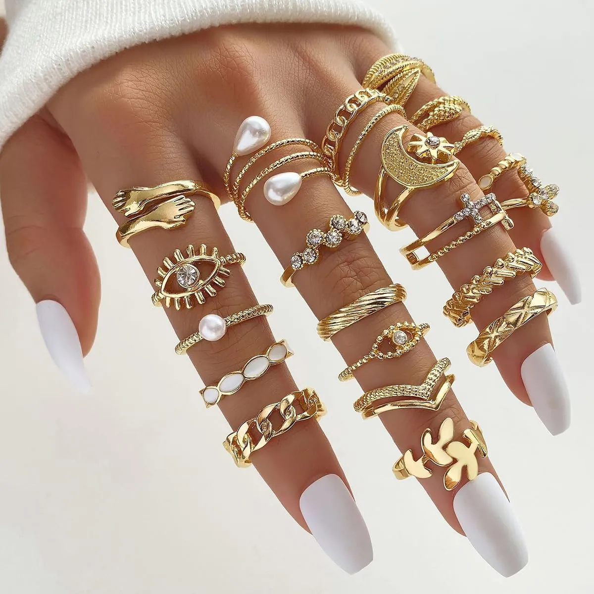 GIGB PBDK Gold Knuckle Rings Set for Women Boho Cross Eye Leaf Hug Stackable Rings Vintage Pearl Sun Moon Star Joint Finger Rings Aesthetic Statement Rings Dainty Jewelry Gifts