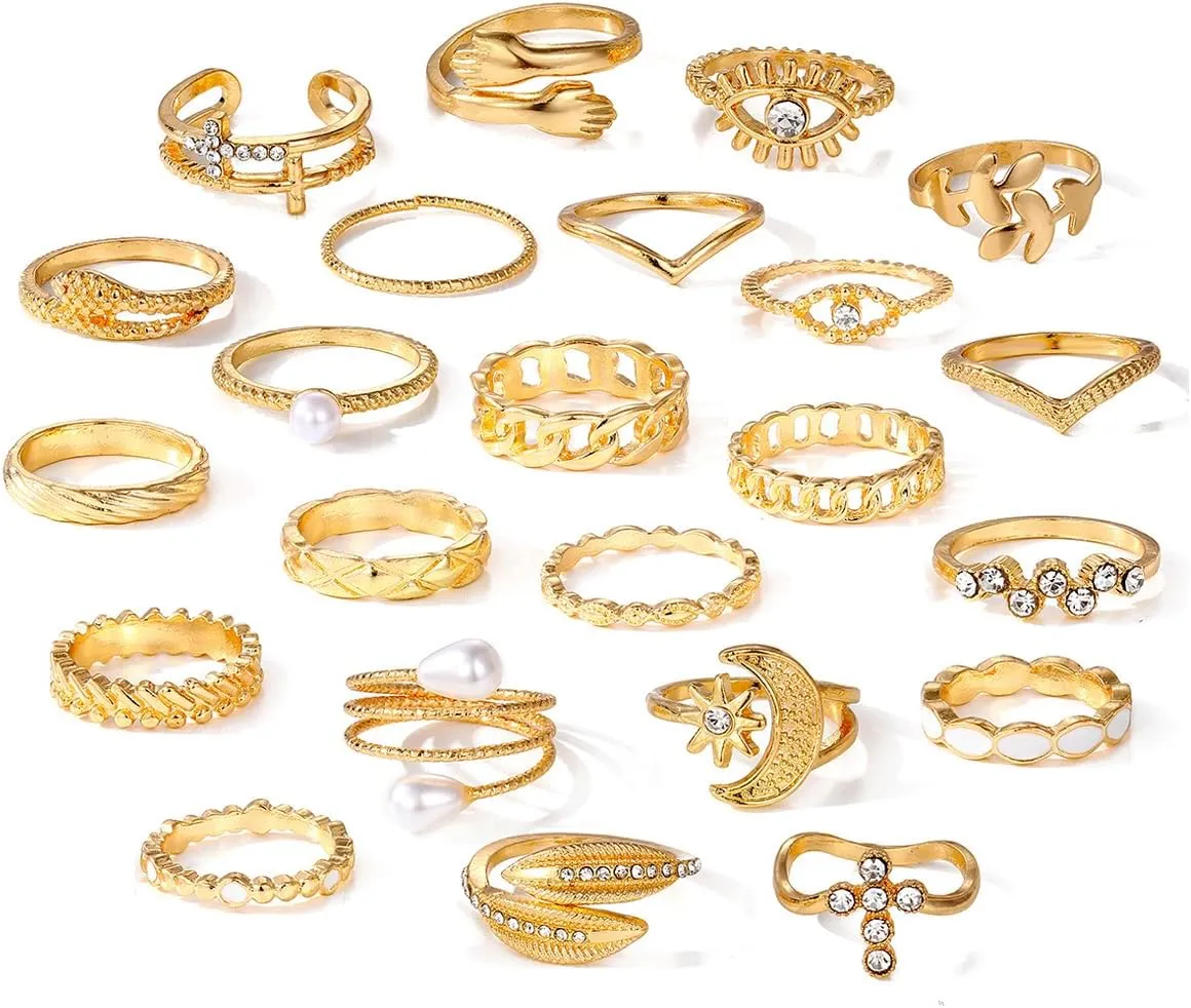 GIGB PBDK Gold Knuckle Rings Set for Women Boho Cross Eye Leaf Hug Stackable Rings Vintage Pearl Sun Moon Star Joint Finger Rings Aesthetic Statement Rings Dainty Jewelry Gifts