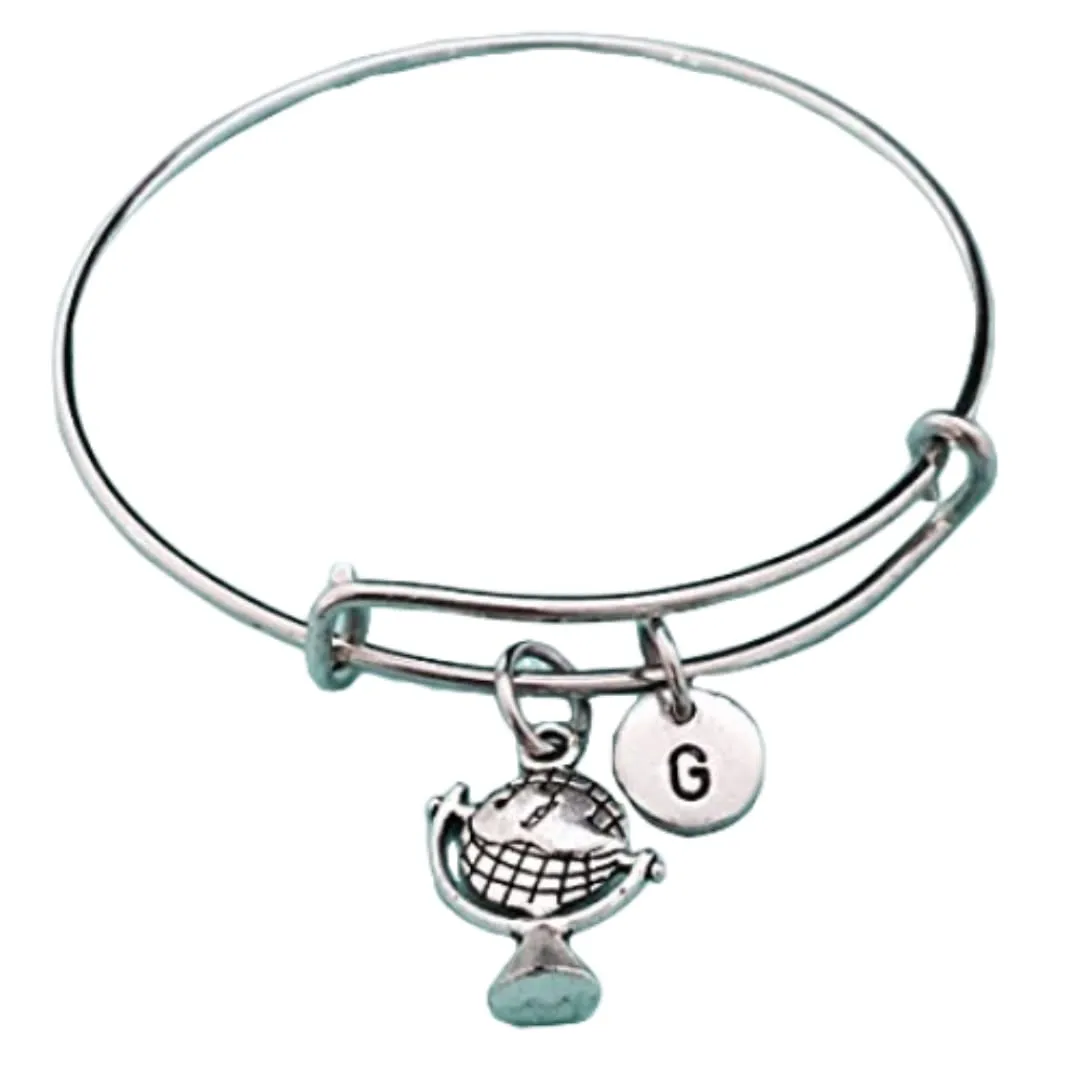 Globe bangle, globe charm bracelet, expandable bangle, charm bangle, personalized bracelet, initial bracelet, monogram