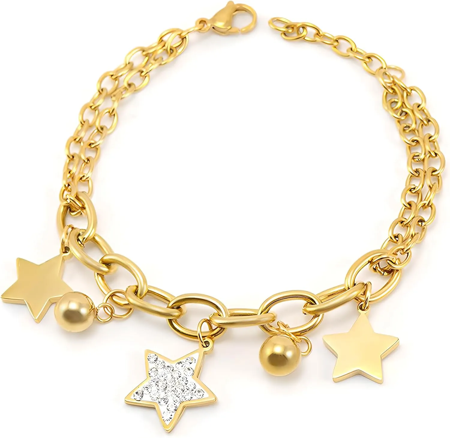 Gold Charm Link Bracelet With Stars And Beads for Women, Charm Boho Bracelet, Hand-Made Moon Paperclip Bracelet