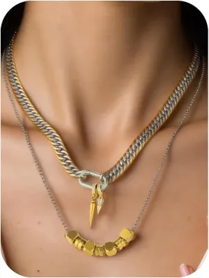 Gold Silver Layered Toggle Necklaces for Women 2 Set,18K Gold Plated Dainty Link Chain Necklaces Stainless Steel Abacus Beads Cuban Choker Chunky Necklaces for Women