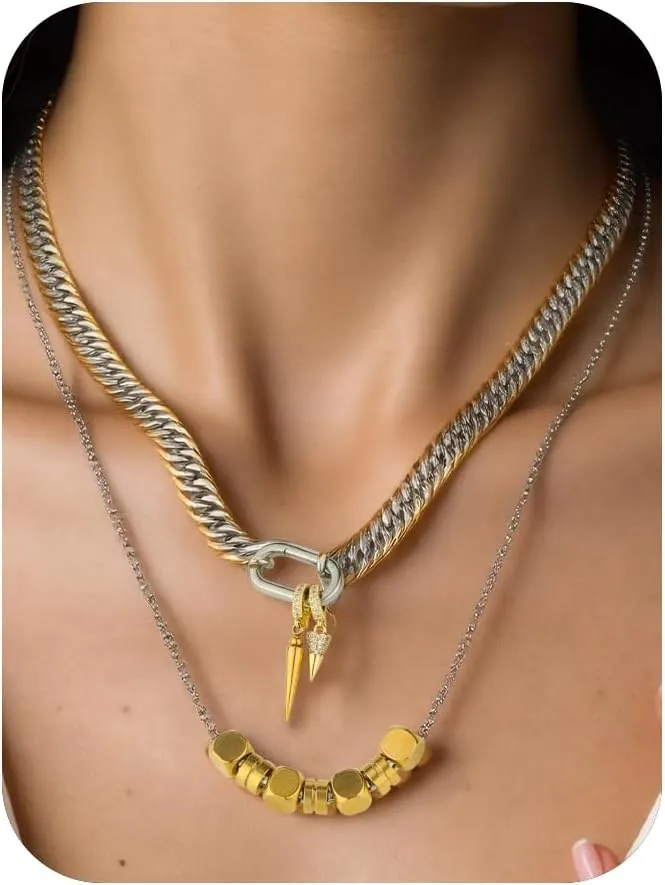 Gold Silver Layered Toggle Necklaces for Women 2 Set,18K Gold Plated Dainty Link Chain Necklaces Stainless Steel Abacus Beads Cuban Choker Chunky Necklaces for Women