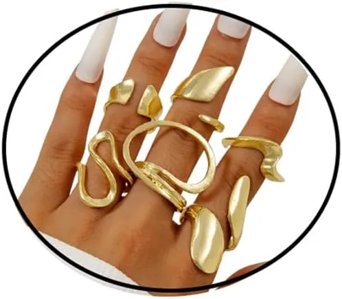 GYRMMUE Chunky Rings Set,Vintage Geometric Curved Kunckle Rings Irregular Hollow Stackable Rings Open Adjustable Statement Finger Rings Jewelry for Women