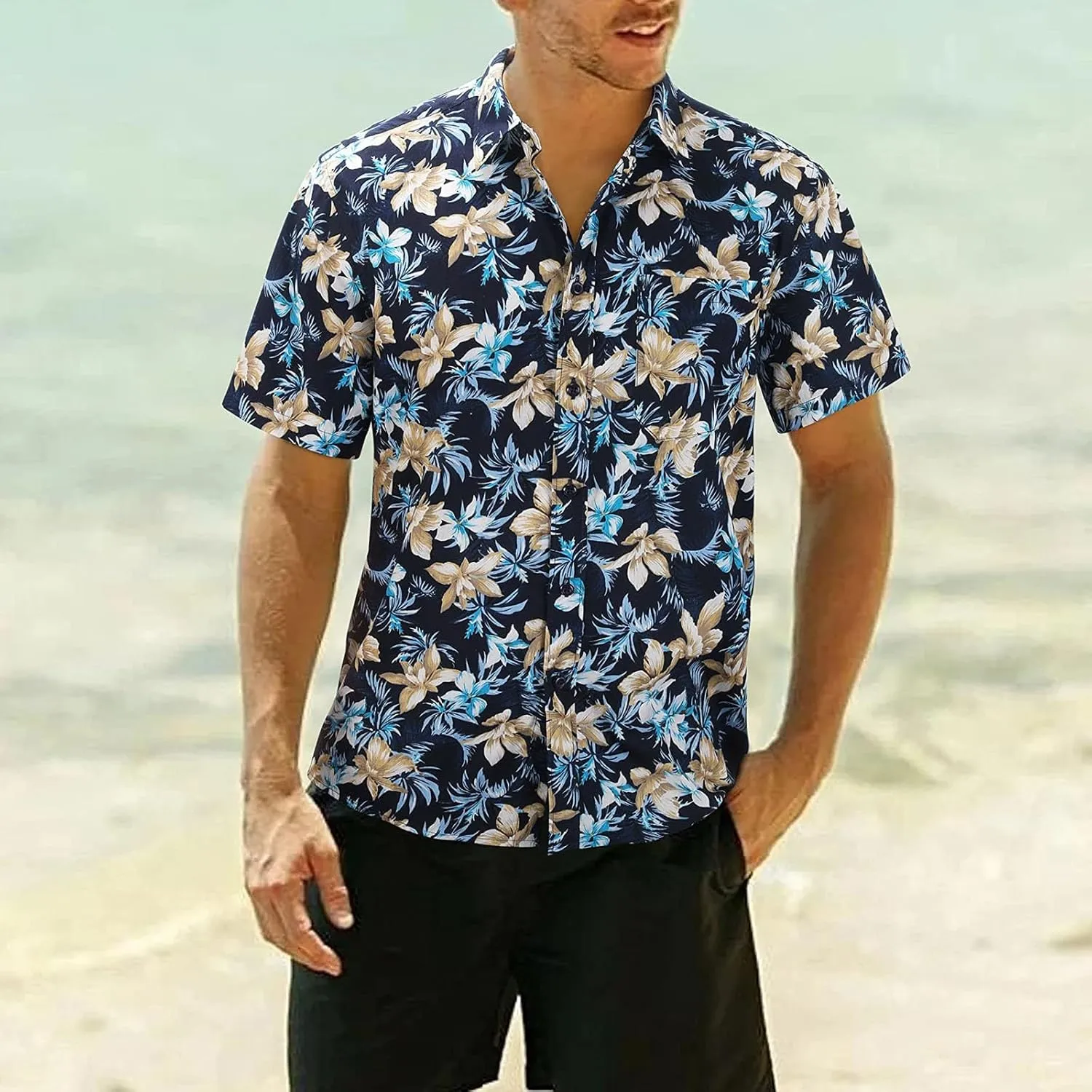 Hawaiian Shirt for Men Short Sleeve Button Down Linen Shirts Lightweight Loose Vacation Clothes Aloha