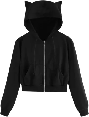 hlysgo Women Full Zip Up Cropped Hoodie Sweatshirt Plus Size Long Sleeve Hooded Crop Top Y2k Teen Girls Jackets with Pockets