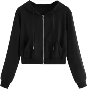 hlysgo Women Full Zip Up Cropped Hoodie Sweatshirt Plus Size Long Sleeve Hooded Crop Top Y2k Teen Girls Jackets with Pockets