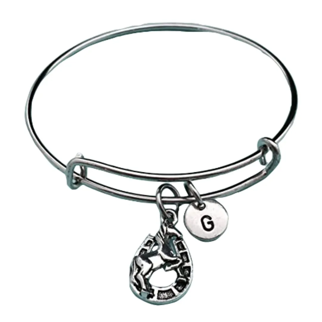 Horseshoe bangle, horseshoe charm bracelet, expandable bangle, charm bangle, personalized bracelet, initial, monogram