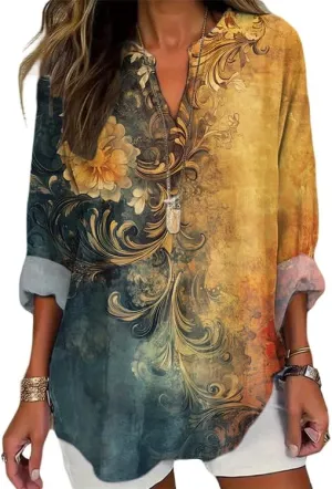 HOTYD Boho Tunic Tops for Women Long Sleeve V Neck Vintage Floral Print Blouses Dressy Casual Loose Fit Ladies Summer Tops