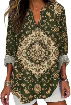 HOTYD Boho Tunic Tops for Women Long Sleeve V Neck Vintage Floral Print Blouses Dressy Casual Loose Fit Ladies Summer Tops
