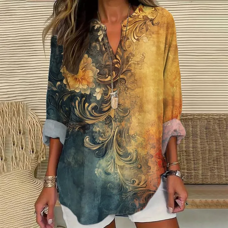 HOTYD Boho Tunic Tops for Women Long Sleeve V Neck Vintage Floral Print Blouses Dressy Casual Loose Fit Ladies Summer Tops
