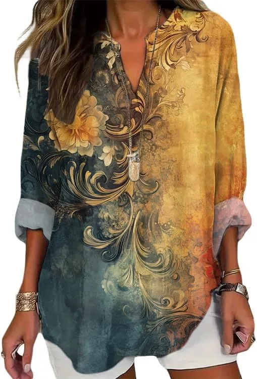HOTYD Boho Tunic Tops for Women Long Sleeve V Neck Vintage Floral Print Blouses Dressy Casual Loose Fit Ladies Summer Tops