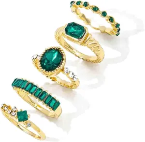 HSQYJ Vintage Bohemian Green Crystal Zircon Stacking Knuckle Ring Set Cute Geometry Rhinestone Midi Finger Rings Sets for Women Jewelry Accessories (5Pcs Gold Green)