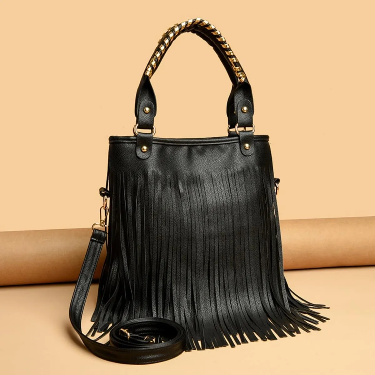 IAMUHI Casual Rivets Fringed Shoulder Handbag for Women,Soft Vegan Leather Hippie Crossbody Purse Bag Hobo Bag