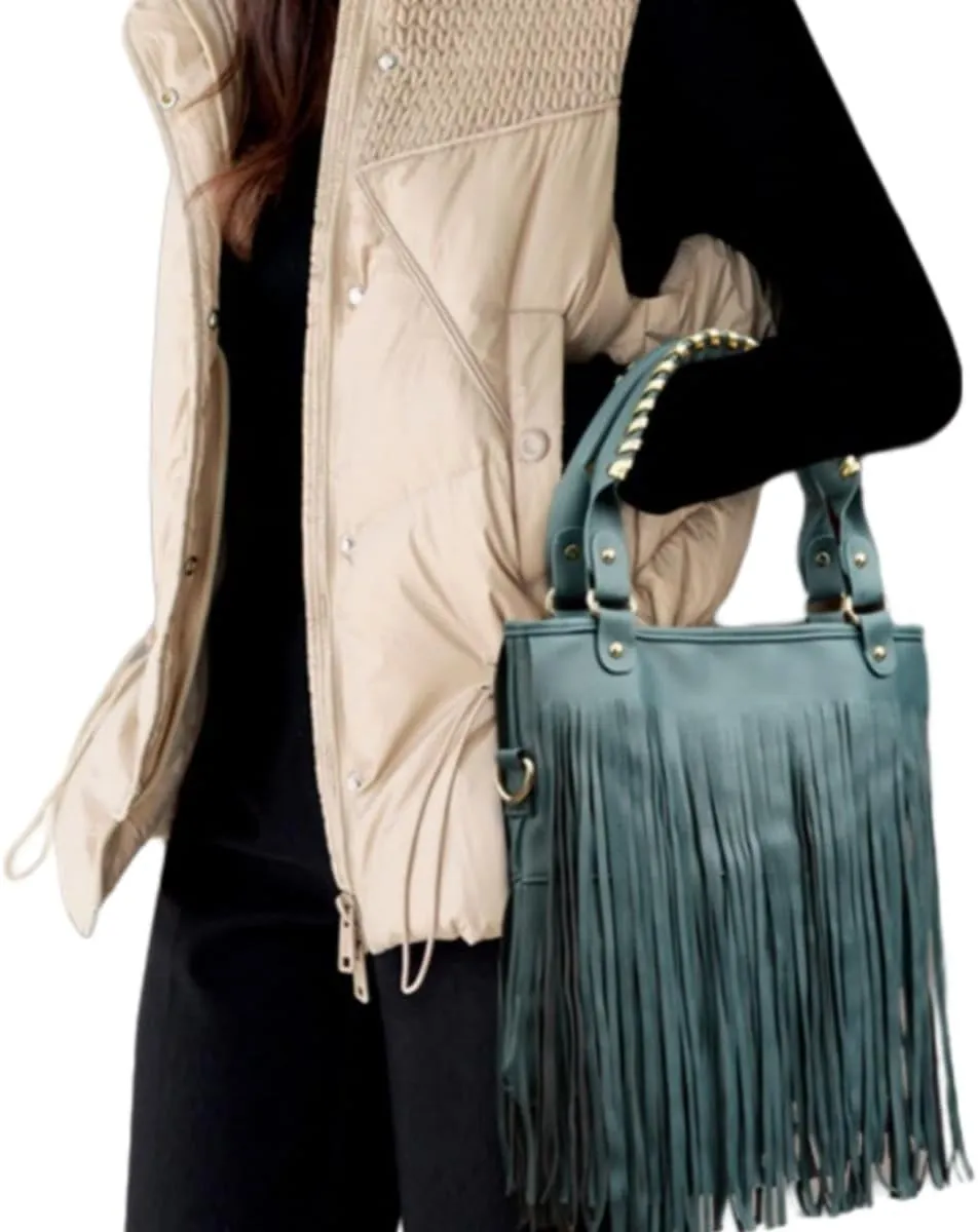 IAMUHI Casual Rivets Fringed Shoulder Handbag for Women,Soft Vegan Leather Hippie Crossbody Purse Bag Hobo Bag