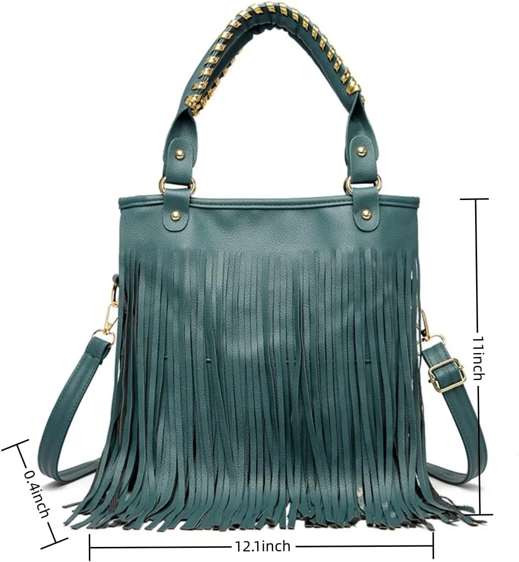IAMUHI Casual Rivets Fringed Shoulder Handbag for Women,Soft Vegan Leather Hippie Crossbody Purse Bag Hobo Bag