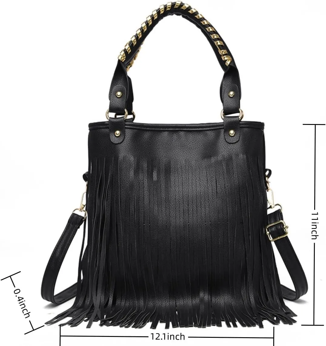IAMUHI Casual Rivets Fringed Shoulder Handbag for Women,Soft Vegan Leather Hippie Crossbody Purse Bag Hobo Bag
