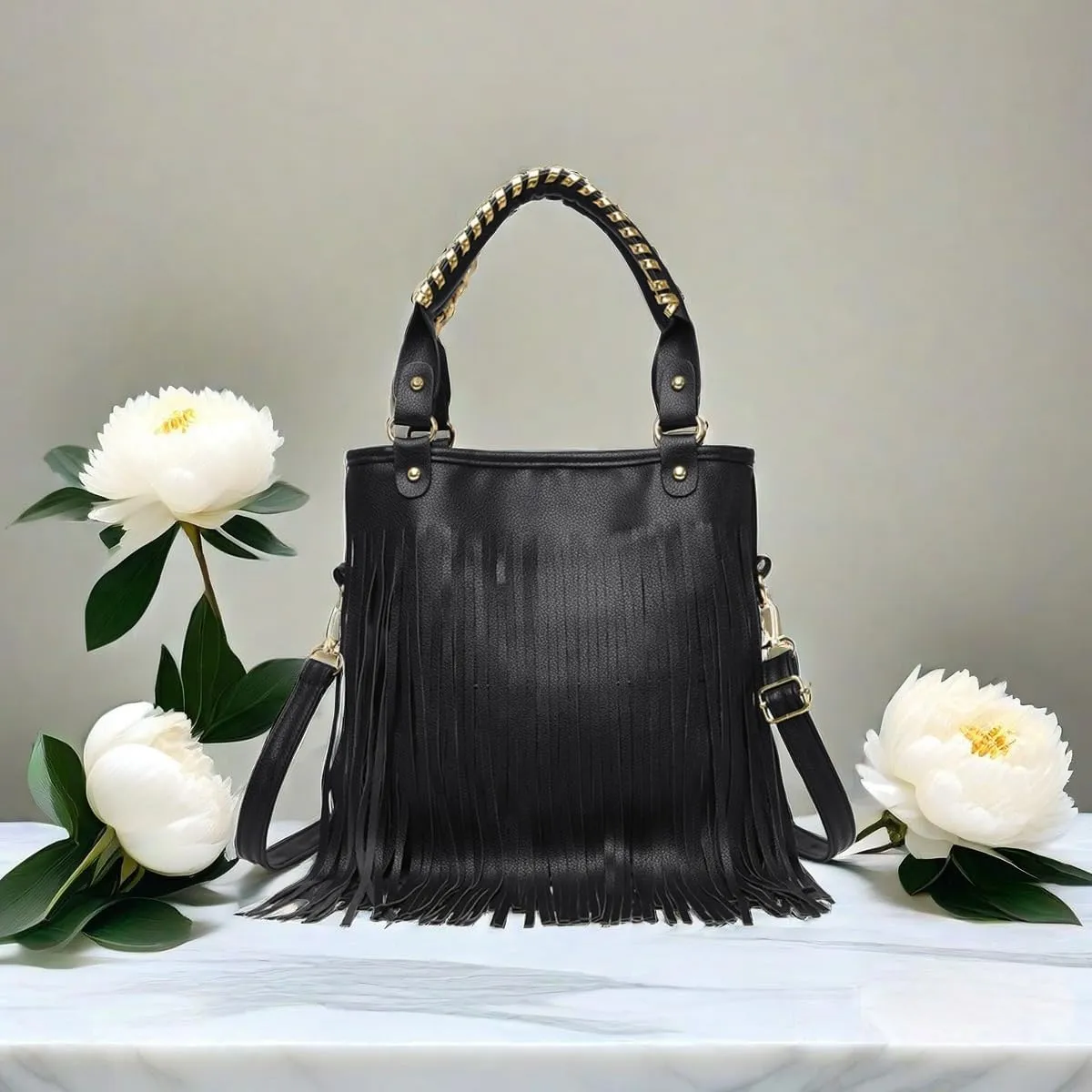 IAMUHI Casual Rivets Fringed Shoulder Handbag for Women,Soft Vegan Leather Hippie Crossbody Purse Bag Hobo Bag