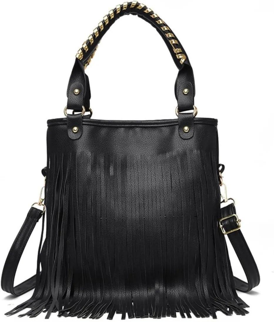 IAMUHI Casual Rivets Fringed Shoulder Handbag for Women,Soft Vegan Leather Hippie Crossbody Purse Bag Hobo Bag