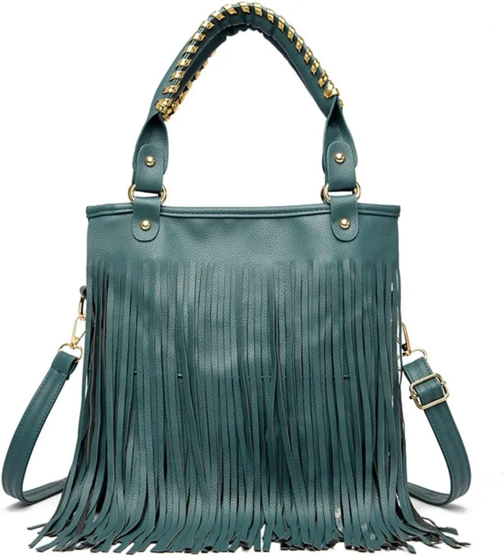 IAMUHI Casual Rivets Fringed Shoulder Handbag for Women,Soft Vegan Leather Hippie Crossbody Purse Bag Hobo Bag