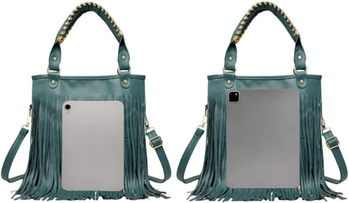 IAMUHI Casual Rivets Fringed Shoulder Handbag for Women,Soft Vegan Leather Hippie Crossbody Purse Bag Hobo Bag