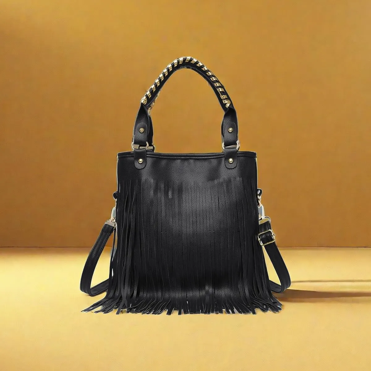 IAMUHI Casual Rivets Fringed Shoulder Handbag for Women,Soft Vegan Leather Hippie Crossbody Purse Bag Hobo Bag