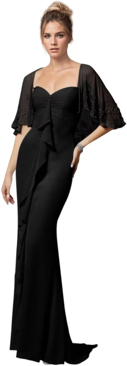 Jamille Chiffon Formal Dresses for Women Lace Applique Prom Dress with Jacket Ruffled Mermaid Ruched Evening Gown JA0258