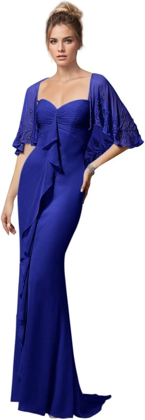 Jamille Chiffon Formal Dresses for Women Lace Applique Prom Dress with Jacket Ruffled Mermaid Ruched Evening Gown JA0258