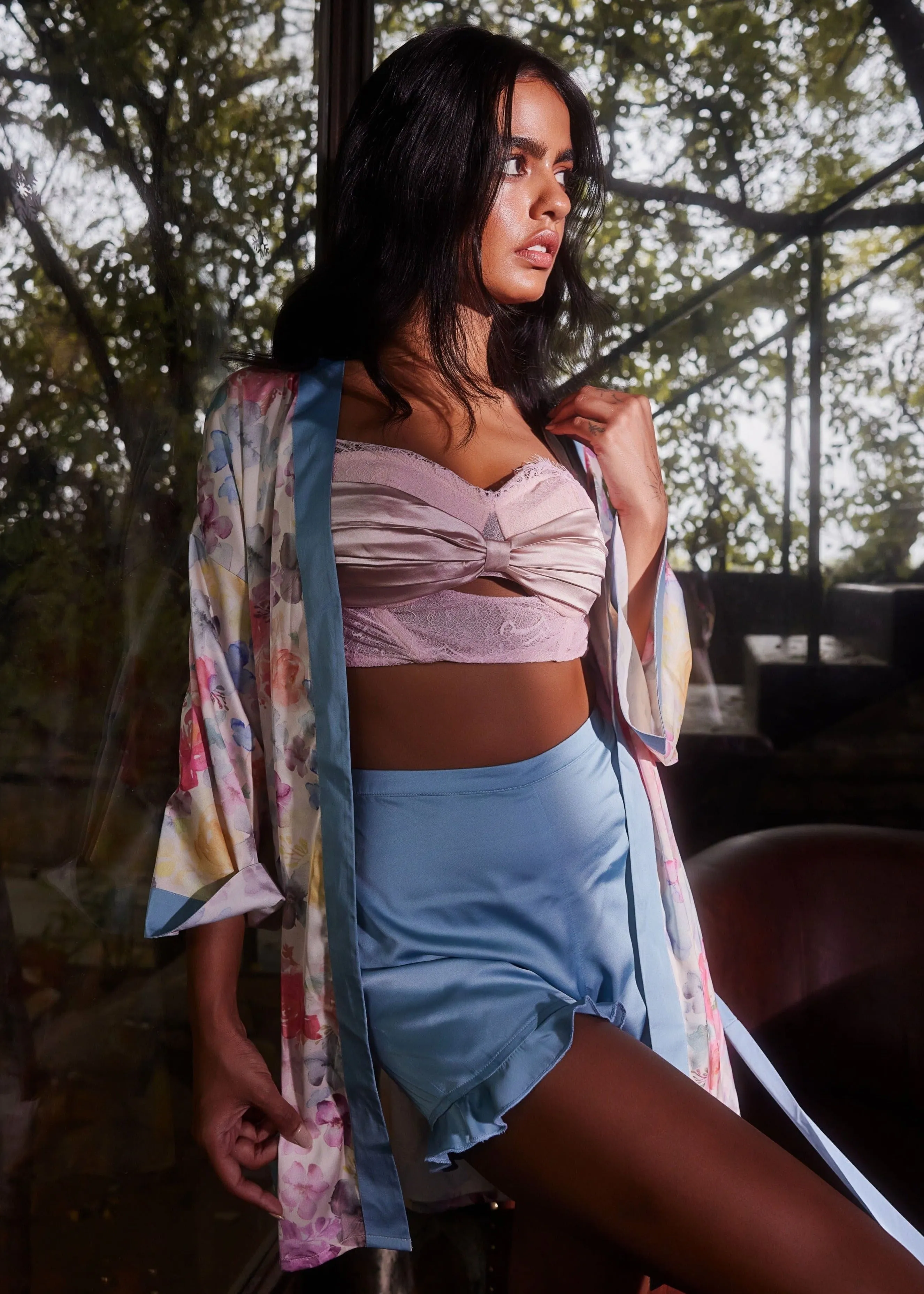 Jane Baby Blue Satin Lounge Shorts Set