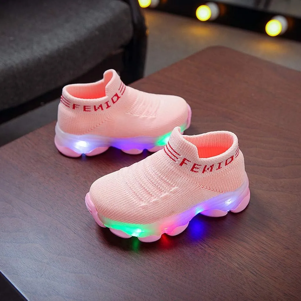 Kids Shoes Girls Children Baby Girls Boys LED Light Sneaker Letter Mesh Breathable Casual Sport Shoes 1-6 Years