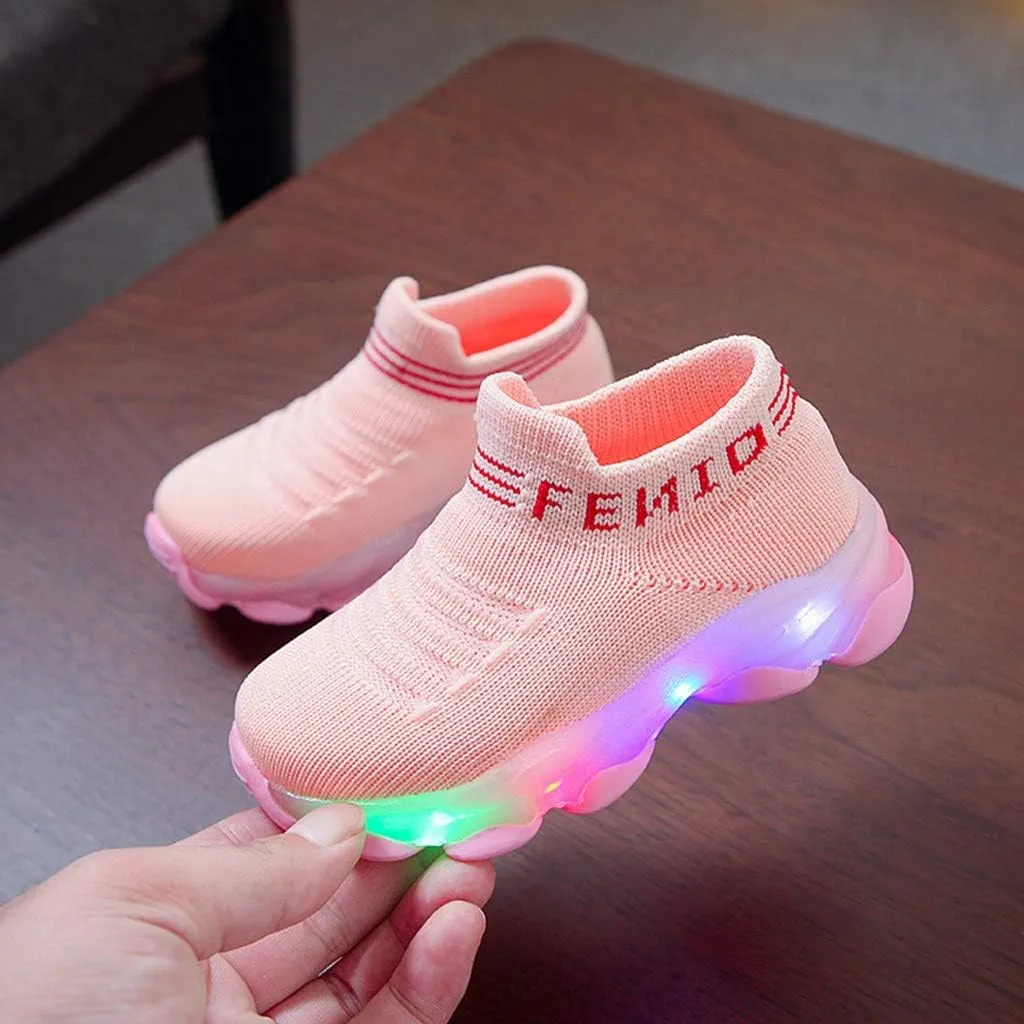 Kids Shoes Girls Children Baby Girls Boys LED Light Sneaker Letter Mesh Breathable Casual Sport Shoes 1-6 Years