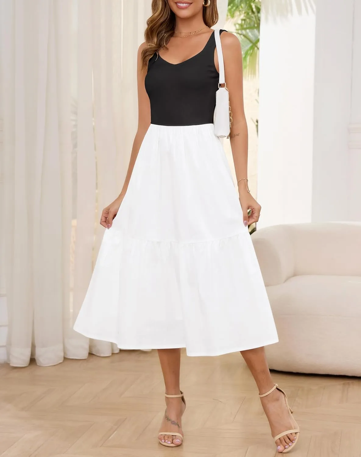 Kranda 2025 Summer Sleeveless Sundress Sweetheart Neck Ribbed Tank Top Tiered Midi Dress with Pockets