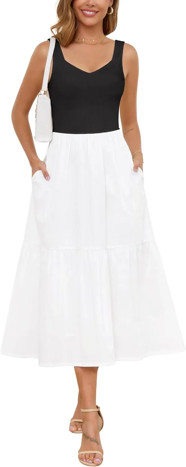 Kranda 2025 Summer Sleeveless Sundress Sweetheart Neck Ribbed Tank Top Tiered Midi Dress with Pockets