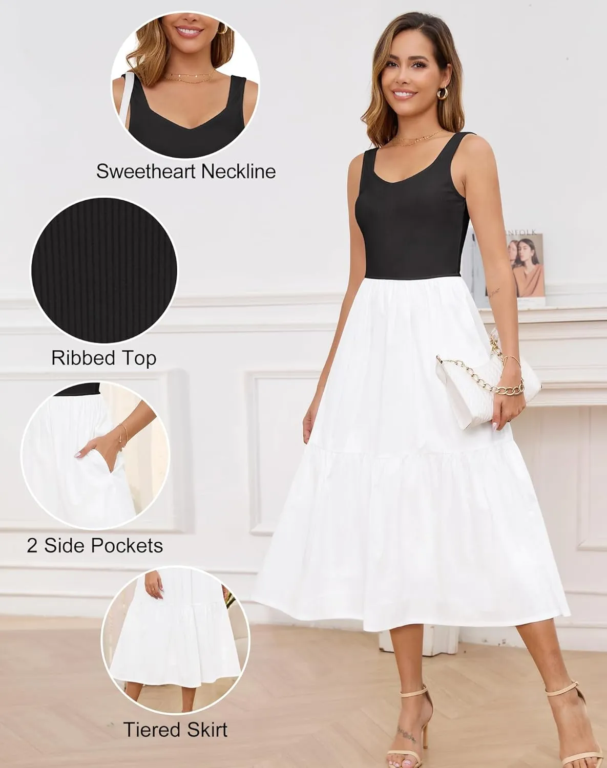 Kranda 2025 Summer Sleeveless Sundress Sweetheart Neck Ribbed Tank Top Tiered Midi Dress with Pockets