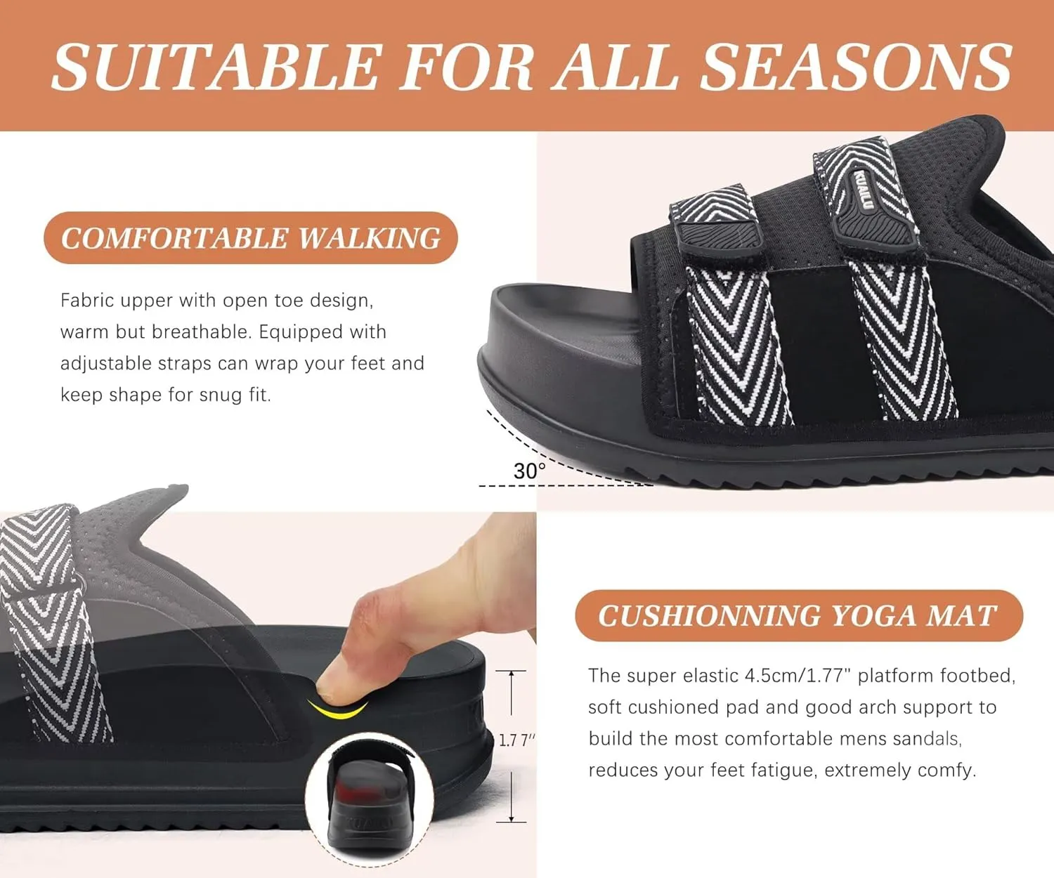 KuaiLu Mens Orthotic Sandals Comfortable Arch Support Fabric Sandal Slippers Shoes Man Casual Summer Cushion Slides Slip On Indoor Outdoor - Ultra-soft Comfort Fit Footbed