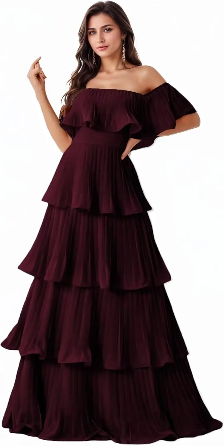 Kyeuan Layered Chiffon Prom Dresses with Sleeves Off Shoulder Pleated Formal Evening Dresses for Women Elegant