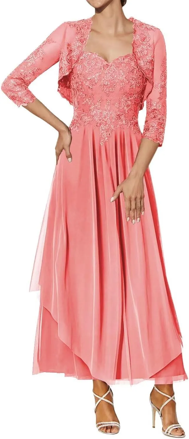 Lace Applique Mother of The Bride Dresses with Jacket Tea Length Wedding Guest Dress Sweetheart