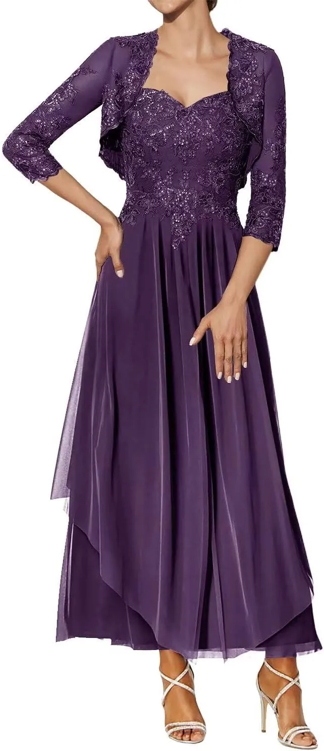 Lace Applique Mother of The Bride Dresses with Jacket Tea Length Wedding Guest Dress Sweetheart