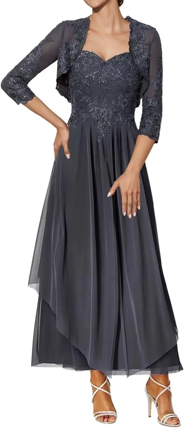 Lace Applique Mother of The Bride Dresses with Jacket Tea Length Wedding Guest Dress Sweetheart