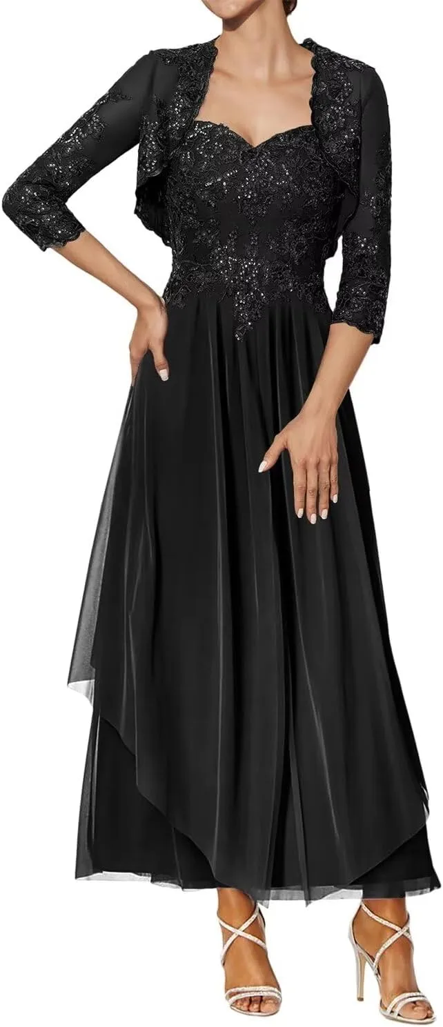 Lace Applique Mother of The Bride Dresses with Jacket Tea Length Wedding Guest Dress Sweetheart