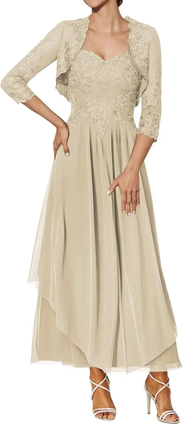 Lace Applique Mother of The Bride Dresses with Jacket Tea Length Wedding Guest Dress Sweetheart