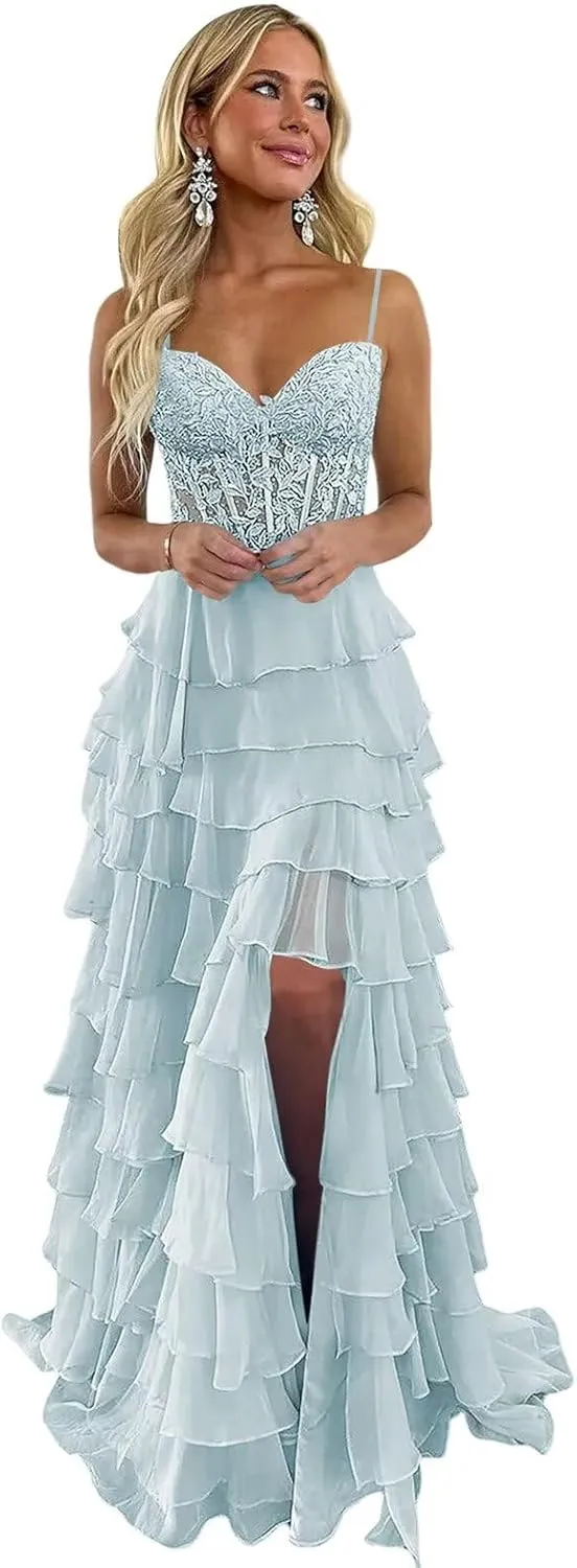 Lace Tiered Prom Dress with Slit 2025 Ruffle Sweetheart Spaghetti Strap Chiffon Formal Evening Dress IMC057