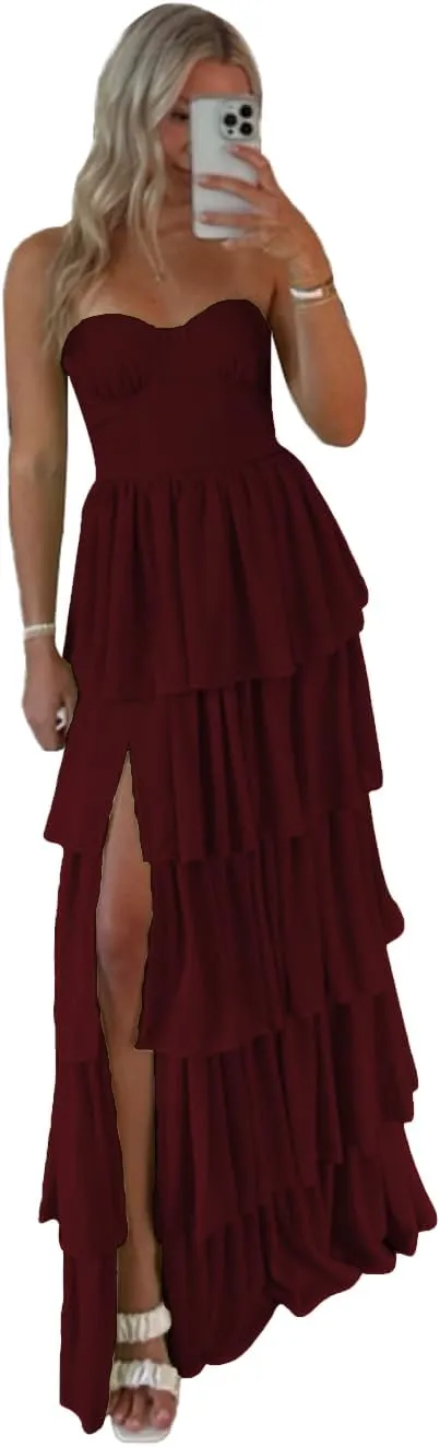 Lawrncedw Strapless Ruffles Prom Dress Tiered Bridesmaid Dresses Sweetheart Chiffon Long Formal Evening Gown with Slit