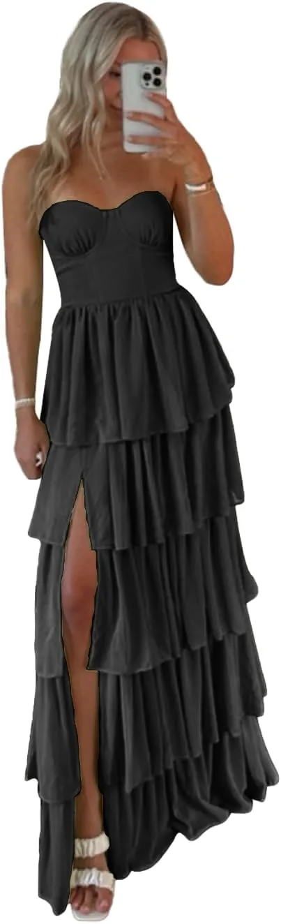 Lawrncedw Strapless Ruffles Prom Dress Tiered Bridesmaid Dresses Sweetheart Chiffon Long Formal Evening Gown with Slit