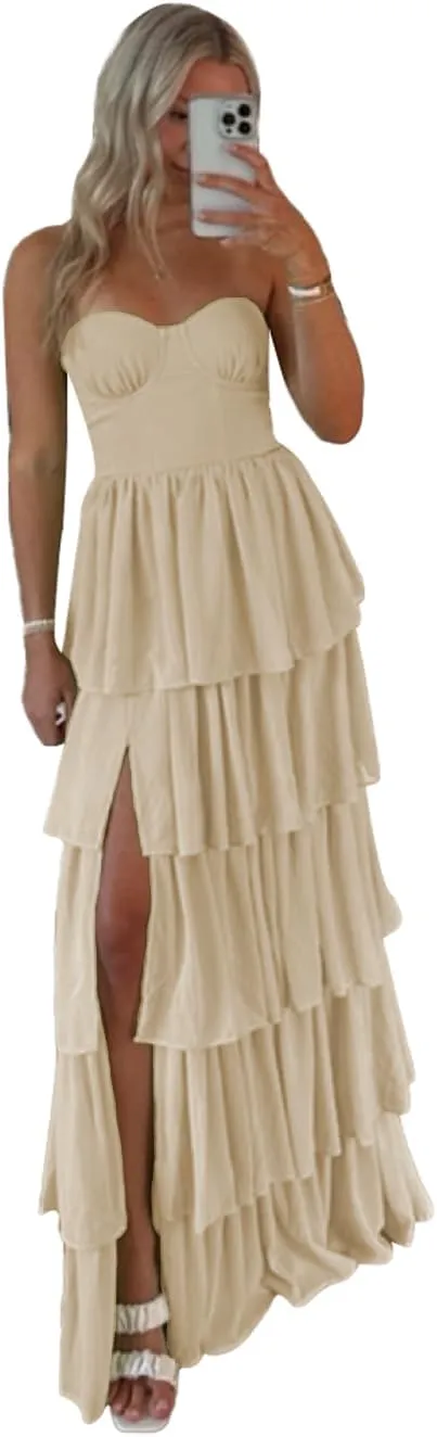 Lawrncedw Strapless Ruffles Prom Dress Tiered Bridesmaid Dresses Sweetheart Chiffon Long Formal Evening Gown with Slit