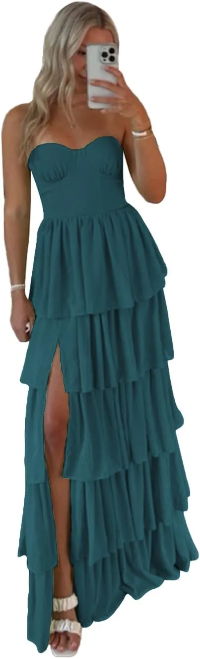 Lawrncedw Strapless Ruffles Prom Dress Tiered Bridesmaid Dresses Sweetheart Chiffon Long Formal Evening Gown with Slit