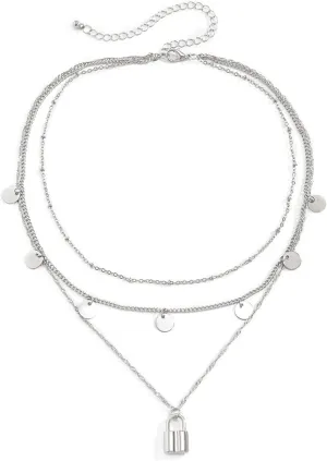 Layered Necklace, Dainty Layering Necklaces for Women Sequins Lock Pendant Chain Necklaces Women Jewelry, 3 Layers