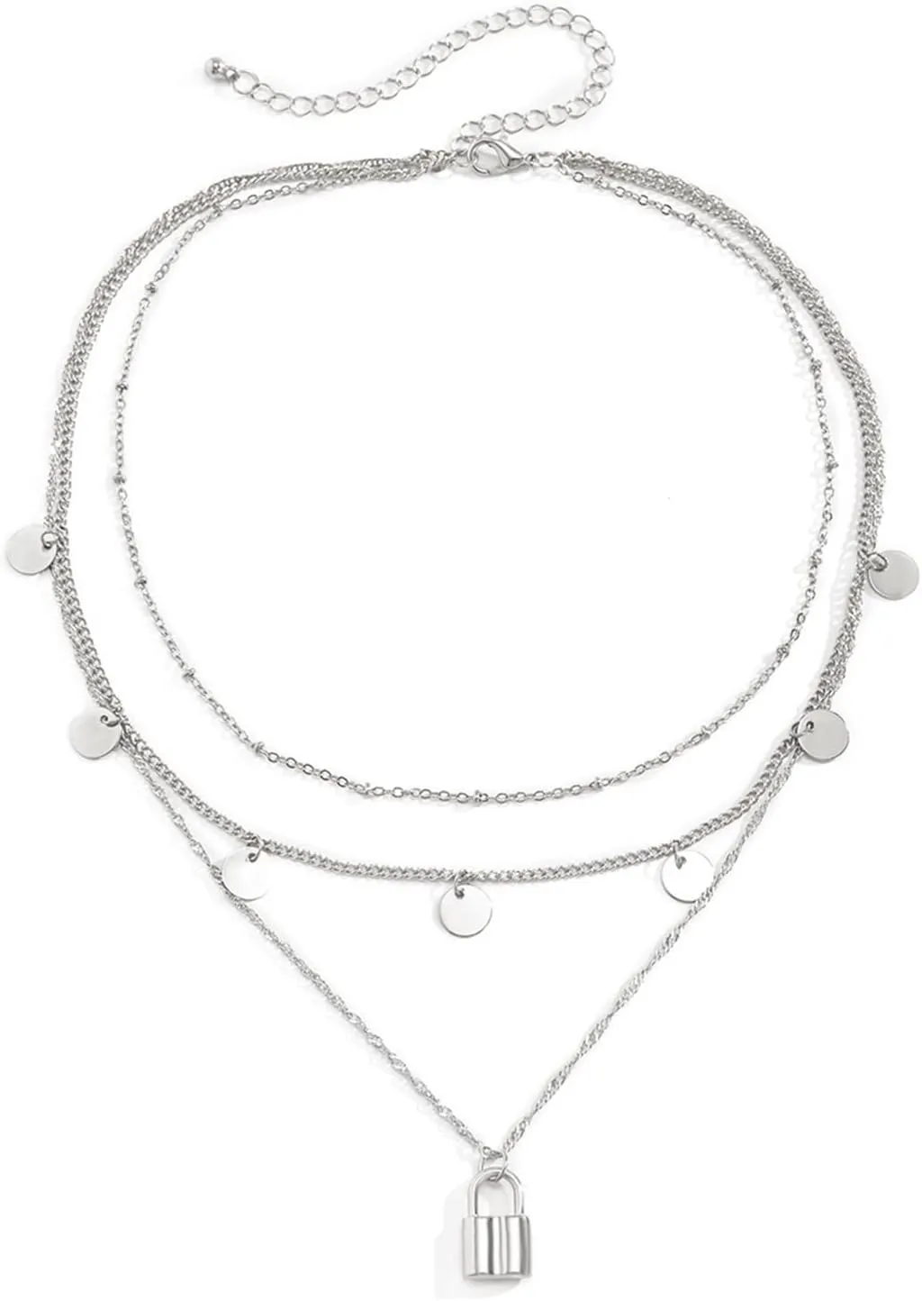 Layered Necklace, Dainty Layering Necklaces for Women Sequins Lock Pendant Chain Necklaces Women Jewelry, 3 Layers